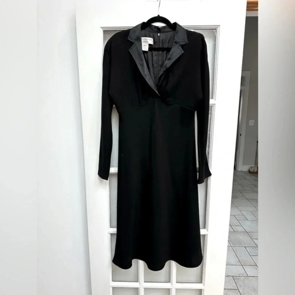 Vintage Jones New York Black Empire Waist Satin Collar V-Neck Midi Dress Size 12